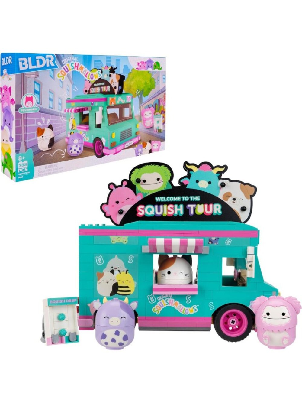 Squishmallows Tour Van Building Set with Cam the Cat, Bubba the Cow & Brina